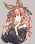  animal_ears caster_(fate/extra) casual chokoan_(tyokoa4649) fate/extra fate_(series) fox_ears hair_ribbon looking_at_viewer off_shoulder open_mouth pink_hair ribbon sketch tagme yellow_eyes 
