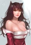  1girl 2015 ahri_(league_of_legends) animal_ears bare_shoulders brown_hair collarbone dated detached_sleeves facial_mark league_of_legends lips long_hair looking_to_the_side smile solo wavy_hair whisker_markings yang_hm 