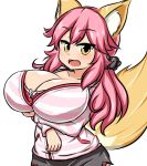  1girl animal_ears breasts caster_(fate/extra) cleavage fang fate/extra fate_(series) fox_ears fox_tail hair_ribbon huge_breasts looking_at_viewer moyashi_udon open_mouth pink_hair ribbon simple_background solo tail tamamo_cat_(fate/grand_order) white_background yellow_eyes 