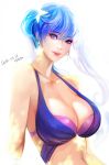  1girl 2016 arm_support bare_shoulders bikini blue_eyes blue_hair breasts cleavage collarbone dated earrings huge_breasts jewelry lips looking_at_viewer navel simple_background smile star star_earrings swimsuit twintails yang_hm 