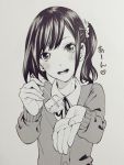  1girl chopsticks food looking_at_viewer monochrome nakajima_ryou open_mouth pov_feeding short_hair side_ponytail smile solo 