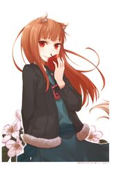  1girl animal_ears apple ayakura_juu brown_hair food fruit holding holding_fruit holo long_hair looking_at_viewer red_eyes simple_background solo spice_and_wolf tail white_background wolf_ears wolf_tail 