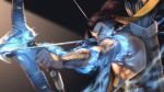  1boy aiming arrow bare_shoulders blue_eyes blurry bow_(weapon) brown_hair covered_mouth depth_of_field dragon_tattoo furrowed_eyebrows hanzo_(overwatch) holding holding_weapon ice jacky5493 male_focus muscle outstretched_arm overwatch ponytail quiver shade solo tattoo upper_body weapon 