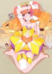  1girl amanogawa_kirara bare_shoulders blush brown_background cure_twinkle dated de_(deys) earrings gloves go!_princess_precure jewelry long_hair looking_at_viewer lying magical_girl multicolored_hair orange_hair pink_hair precure signature simple_background star star_earrings thigh-highs twintails two-tone_hair violet_eyes white_gloves white_legwear 