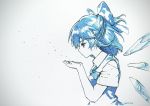  1girl ainy77 blowing blue_dress blue_eyes blue_hair bow cirno dress hair_bow highres ice ice_wings monochrome ribbon short_hair short_sleeves solo touhou traditional_media vignetting wings 