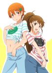  2girls absurdres blush brown_eyes brown_hair casual crop_top denim hair_ornament hairpin highres inami_mahiru jeans long_hair midiman multiple_girls navel open_mouth orange_eyes orange_hair pants ponytail shirt short_hair smile striped striped_shirt taneshima_popura working!! 