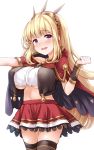  1girl :d alternate_breast_size black_legwear blonde_hair blush breasts cagliostro_(granblue_fantasy) cape crop_top crop_top_overhang frilled_skirt frills granblue_fantasy hairband large_breasts long_hair looking_at_viewer midriff navel no_bra nose_blush open_mouth red_skirt skirt smile solo tareme thigh-highs tiara under_boob uni8 violet_eyes white_background zettai_ryouiki 