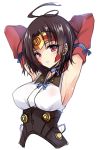  1girl armpits brown_hair choker hayakawa_harui japanese_clothes koutetsujou_no_kabaneri looking_at_viewer mumei_(kabaneri) red_eyes ribbon short_hair sketch solo 