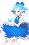  1girl blue_dress blue_eyes blue_hair blush cirno dress froststar hair_ribbon highres ice ice_wings open_mouth puffy_sleeves ribbon short_hair short_sleeves simple_background snowflakes solo touhou upskirt white_background wings 