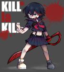  1girl angry bangs black_eyes black_hair blood copyright_name full_body highlights holding holding_weapon kill_la_kill matoi_ryuuko middle_finger midriff mismatched_legwear multicolored_hair navel neckerchief open_mouth pleated_skirt redhead school_uniform scissor_blade senketsu serafuku shoes short_hair short_sleeves single_glove skirt solo standing streaked_hair suspenders torn_clothes two-tone_hair wahootarou weapon 