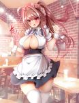  1girl 2017 :o antenna_hair apron black_ribbon black_skirt black_vest blurry blurry_background blush bow breasts brick_wall brown_eyes brown_hair buttons cafe chair cleavage cowboy_shot dated dress dress_shirt eyelashes floral_print frilled_apron frills hands_up head_scarf highres indoors jewelry jotti large_breasts legs_together long_hair looking_down maid neck_ribbon no_bra open_clothes open_mouth open_shirt original puffy_short_sleeves puffy_sleeves red_eyes ribbon ring shirt short_sleeves side_ponytail signature skindentation skirt skirt_set solo table thigh-highs under_boob vest waist_apron wedding_band white_apron white_bow white_legwear wrist_cuffs 