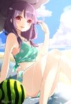  1girl beach breasts cleavage food fruit green_eyes jewelry kantai_collection long_hair necklace outdoors purple_hair red_eyes shijima_(sjmr02) signature sky solo taigei_(kantai_collection) watermelon wet 