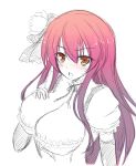  1girl blush bow breasts brown_eyes cattleya_(flower_knight_girl) cilfy cleavage flower flower_knight_girl frills hair_bow hair_flower hair_ornament large_breasts long_hair looking_at_viewer redhead sketch solo spot_color upper_body white_background 