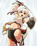  1girl animal_ears bare_shoulders crop_top detached_sleeves geta hat highres inubashiri_momiji midriff navel pelvic_curtain pom_pom_(clothes) red_eyes shield short_hair silver_hair solo sword tail tokin_hat touhou weapon white_hair wolf_ears wolf_tail yudepii 