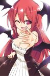  1girl alternate_costume bare_shoulders breasts cleavage demon_wings dress fang head_wings koakuma large_breasts one_eye_closed red_eyes redhead solo strapless strapless_dress toto_nemigi touhou wings 