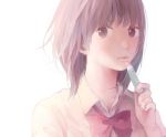  1girl brown_eyes brown_hair hinata_(lipcream) lip_balm original short_hair solo white_background wide-eyed 