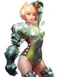  animal_ears armor armored_boots artist_name bikini_armor blonde_hair blue_eyes boots contrapposto covered_navel cross-laced_clothes gauntlets lips looking_to_the_side parted_lips pauldrons simple_background white_background yang_hm 