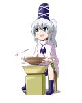  1girl blue_eyes bowl commentary_request hat hat_ribbon kousei_(public_planet) long_hair long_sleeves mononobe_no_futo open_mouth ponytail potters_wheel pottery ribbon shirt silver_hair sitting skirt smile solo stool touhou wide_sleeves 
