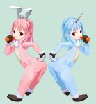  2girls animal_costume animal_ears ass blue_hair carrot eating final_fantasy final_fantasy_xiv food from_behind gloves highres horn lalafell leaning_forward long_hair looking_back multiple_girls pink_hair pointy_ears rabbit_ears red_eyes shoes smile tail tail_hold 