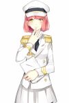  1girl aiguillette black_necktie double-breasted epaulettes formal hand_on_own_chin hat holding holding_paper military military_hat military_uniform nanami_haruka necktie pink_hair pleated_skirt prin_dog skirt skirt_suit smile suit uniform uta_no_prince-sama white_suit yellow_eyes 