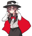  1girl bespectacled black_skirt blush bow brown_hair cape cowboy_shot fedora glasses hat hat_bow long_hair long_sleeves outline playing_with_own_hair red-framed_glasses red_eyes semi-rimless_glasses shiroshi_(denpa_eshidan) shirt simple_background skirt solo touhou under-rim_glasses usami_renko white_background white_shirt 