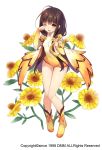  1girl ;o arm_warmers brown_hair flower_knight_girl full_body hair_over_shoulder harp helenium_(flower_knight_girl) instrument legs long_hair looking_at_viewer one_eye_closed shoes solo standing sugimeno twintails white_background yellow_eyes yellow_shoes 
