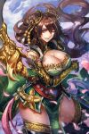  1girl ;d armlet bangs black_gloves blue_eyes blurry breasts brown_hair cherry_blossoms cleavage clouds cowboy_shot depth_of_field double_bun dragon dragon_(ornament) dress floating_hair gloves green_dress hair_between_eyes hair_ornament holding holding_weapon japanese_clothes kimono large_breasts light_particles looking_at_viewer marble official_art one_eye_closed open_mouth original pelvic_curtain petals polearm ryuuzaki_ichi sash sky sleeveless smile solo swept_bangs tassel thigh-highs vambraces weapon 