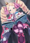  1girl beatrice_(re:zero) beriko_(dotera_house) blonde_hair blue_eyes blurry blush book bookshelf bow capelet closed_mouth crossed_ankles crown cup depth_of_field dress drill_hair dutch_angle from_below frown fur_trim grimoire hair_ribbon highres holding holding_book holding_cup long_hair long_sleeves looking_at_viewer mini_crown open_book pantyhose pentagram pink_bow pink_ribbon pink_shoes pom_pom_(clothes) re:zero_kara_hajimeru_isekai_seikatsu ribbon shoes sitting solo steam striped striped_legwear symbol-shaped_pupils teacup twin_drills 