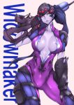  1girl ass_visible_through_thighs black_gloves bodysuit breasts carrying_over_shoulder center_opening character_name collarbone covered_navel cowboy_shot gggg gloves gun hand_on_own_thigh head_mounted_display head_tilt highres lips long_hair looking_at_viewer overwatch pocket ponytail purple_hair purple_lips purple_skin rifle short_sleeves simple_background skin_tight sniper_rifle solo thigh_strap trigger_discipline visor weapon widowmaker_(overwatch) yellow_eyes 
