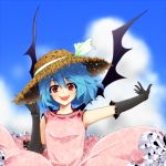  1girl :d adapted_costume adjusting_clothes adjusting_hat alternate_costume armpits bat_wings black_gloves blue_hair blush clouds cloudy_sky dress elbow_gloves fangs gloves hat hat_ribbon ifuji_sakura looking_at_viewer open_mouth outstretched_arm pink_dress red_eyes remilia_scarlet ribbon short_hair skirt skirt_set sky sleeveless smile solo straw_hat sundress touhou upper_body wings 