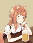  1girl alcohol animal_ears beer brown_background brown_eyes brown_hair collarbone holo kela long_hair looking_at_viewer one_eye_closed solo spice_and_wolf tail wolf_ears wolf_tail 