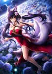  1girl absurdres ahri animal_ears black_hair blush breasts brown_eyes cleavage covered_navel detached_collar dress dutch_angle facial_mark fighting_stance floating_hair flower fox_ears fox_mask fox_tail full_moon grin hair_flower hair_ornament hair_scrunchie highres holding_mask league_of_legends long_hair low_twintails mask moon multiple_tails night red_dress sandals scrunchie sleeveless sleeveless_dress smile solo standing sui_sui_baihu_jiu_wei_pang_pang tail twintails very_long_hair 