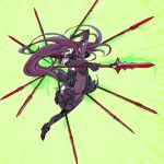  1girl arm_up bodysuit breasts covered_navel covering_mouth fate/grand_order fate_(series) foreshortening full_body gae_bolg green_background head_tilt highres holding holding_weapon long_hair looking_at_viewer outstretched_arm parted_lips purple_hair red_eyes shoulder_pads simple_background skin_tight solo utu_(ldnsft) very_long_hair 