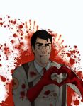  black_hair blood blood_from_mouth blood_on_face blood_splatter bloody_clothes blue_eyes glasses heart heart_hands male_focus medic red solo sparkling_eyes team_fortress_2 white_background 