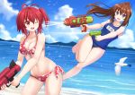  2girls antenna_hair bare_shoulders barefoot beach bikini bird black_eyes breasts brown_hair cleavage clouds dual_wielding front-tie_bikini front-tie_top groin highres holding jumping kazenokaze long_hair multiple_girls navel ocean one-piece_swimsuit one_eye_closed open_mouth original ponytail red_eyes redhead school_swimsuit seagull short_hair side-tie_bikini side_ponytail sky swimsuit water water_gun 