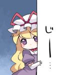  1girl blush commentary_request dress elbow_gloves gloves hammer_(sunset_beach) hat looking_at_viewer mob_cap peeking_out purple_dress solo touhou violet_eyes white_gloves yakumo_yukari 