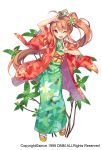  1girl ;d brown_hair card character_request flower_knight_girl full_body hair_bun japanese_clothes kimono leaf long_hair looking_at_viewer one_eye_closed open_mouth red_eyes sandals side_ponytail smile solo standing sugimeno v white_background yukata 