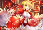  1girl :d ahoge banner blonde_hair breasts cleavage corset cowboy_shot dress epaulettes fate/extra fate/grand_order fate_(series) green_eyes hair_intakes hair_ribbon head_wreath indoors juliet_sleeves long_sleeves looking_at_viewer open_mouth petals puffy_sleeves red_dress red_ribbon ribbon rose_petals saber_extra sakuyosi short_hair smile solo twitter_username veil wide_sleeves 