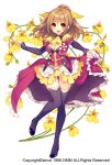  1girl :d black_legwear black_shoes bow breasts brown_hair character_request cleavage cravat epaulettes flower flower_knight_girl full_body hair_bow layered_skirt long_hair looking_at_viewer open_mouth ponytail shoes smile solo standing sugimeno thigh-highs yellow_bow yellow_eyes 