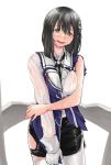  1girl black_hair brown_eyes gloves haguro_(kantai_collection) hair_ornament highres kantai_collection nujima open_mouth remodel_(kantai_collection) short_hair skirt smile torn_clothes wet 