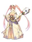  1girl breasts character_request circlet copyright_request detached_sleeves full_body hidari_(left_side) holding large_breasts long_hair open_mouth orange_eyes pink_hair simple_background solo staff twintails very_long_hair white_background wide_sleeves 