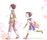  2boys armor black_eyes black_hair boots cabba dragon_ball dragon_ball_super floral_background from_side fuoore_(fore0042) gloves height_difference male_focus multiple_boys open_mouth smile vegeta walking white_boots white_gloves wristband 
