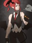 1girl adapted_costume alternate_hairstyle amino_(tn7135) bat_wings belly_peek belt cigar contrapposto demon_tail gloves head_wings holding koakuma looking_at_viewer low_wings navel necktie pants pointy_ears ponytail red_eyes red_necktie redhead sleeveless slit_pupils smoke smoking solo tail touhou vest wings 