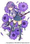  1girl anemone_(flower_knight_girl) armor armored_dress blue_boots blue_eyes blue_skirt boots expressionless flower flower_knight_girl full_body gloves hair_ornament hairclip leaning_forward looking_at_viewer pleated_skirt polearm purple_hair short_hair skirt solo spear standing sugimeno thigh-highs thigh_boots weapon white_background 