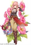  1girl armor armpits boots brown_boots brown_pants expressionless fingerless_gloves flower flower_knight_girl full_body gloves green_eyes hollyhock knee_boots long_hair looking_at_viewer moneti_(daifuku) object_namesake pants pink_hair solo standing tachiaoi_(flower_knight_girl) wand 