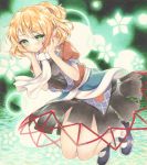  1girl blonde_hair green_eyes hands_on_own_cheeks hands_on_own_face highres marker_(medium) mizuhashi_parsee mugicha0929 pointy_ears ponytail puffy_short_sleeves puffy_sleeves sash scarf shirt short_sleeves skirt solo touhou traditional_media 