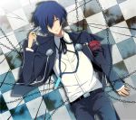  1boy arisato_minato belt blue_hair chain checkered checkered_floor gun hair_between_eyes holding holding_gun holding_weapon lying nic_(kevin) on_back persona persona_3 shirt short_hair solo weapon white_shirt yuuki_makoto 