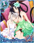  2girls animal_ears black_hair black_panties blue_bow bow breasts card_(medium) cat_ears cat_hair_ornament cat_tail character_name chess_piece cleavage covered_nipples dress flower gloves green_dress hair_flower hair_ornament hair_rings high_school_dxd high_school_dxd_new kuroka_(high_school_dxd) large_breasts lipstick makeup multiple_girls multiple_tails official_art panties parted_lips purple_lipstick rook_(chess) short_hair silver_hair sleeping sleeping_on_person sleeping_upright smile tail toujou_koneko trading_card underwear white_dress white_gloves yellow_eyes 