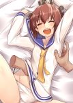  1girl brown_hair dress kantai_collection sailor_dress school_uniform serafuku short_hair smile tickling yasu_(yossy) yukikaze_(kantai_collection) 