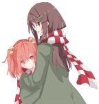  2girls bell blush brown_eyes brown_hair checkered_scarf checkered_shirt futatsuiwa_mamizou futatsuiwa_mamizou_(human) green_coat hair_bell hair_ornament hand_on_another&#039;s_shoulder height_difference leaf_hair_ornament long_hair long_sleeves motoori_kosuzu multiple_girls red_eyes redhead scarf shiroshi_(denpa_eshidan) shirt simple_background smile touhou two_side_up white_background wide_sleeves 